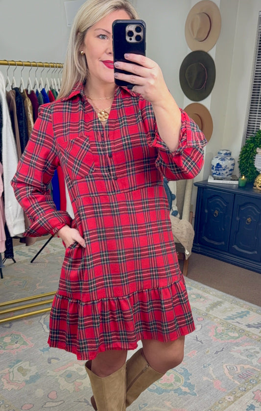 Merriest of All Tartan Flounce Shirt Dress