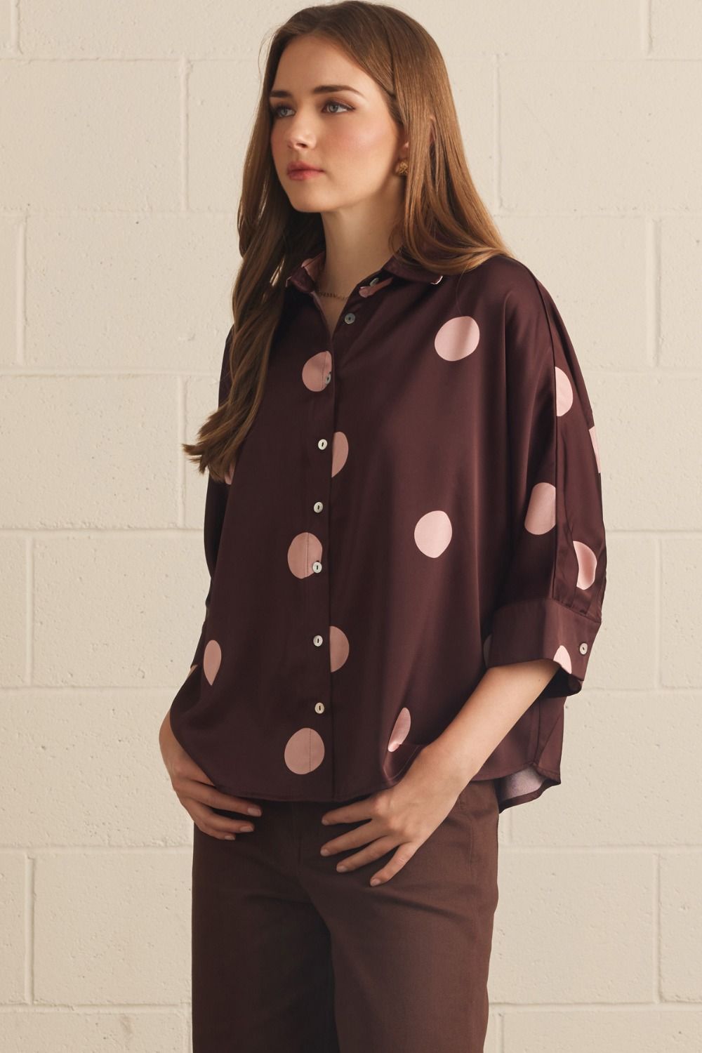 Point Taken Dot Print Button Up Blouse
