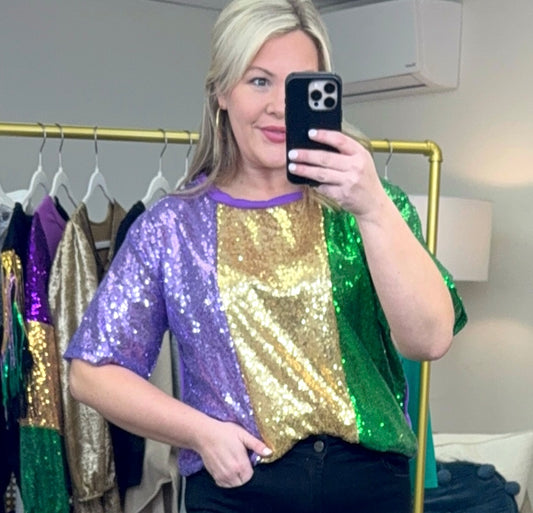 Mardi Gras Sequin Colorblock Slouchy Top