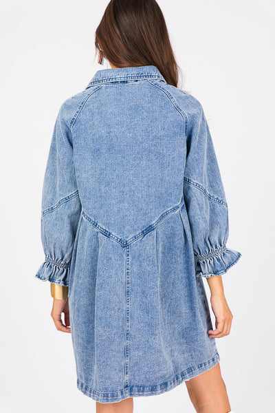 Ruffle Sleeve Denim Shirt Dress