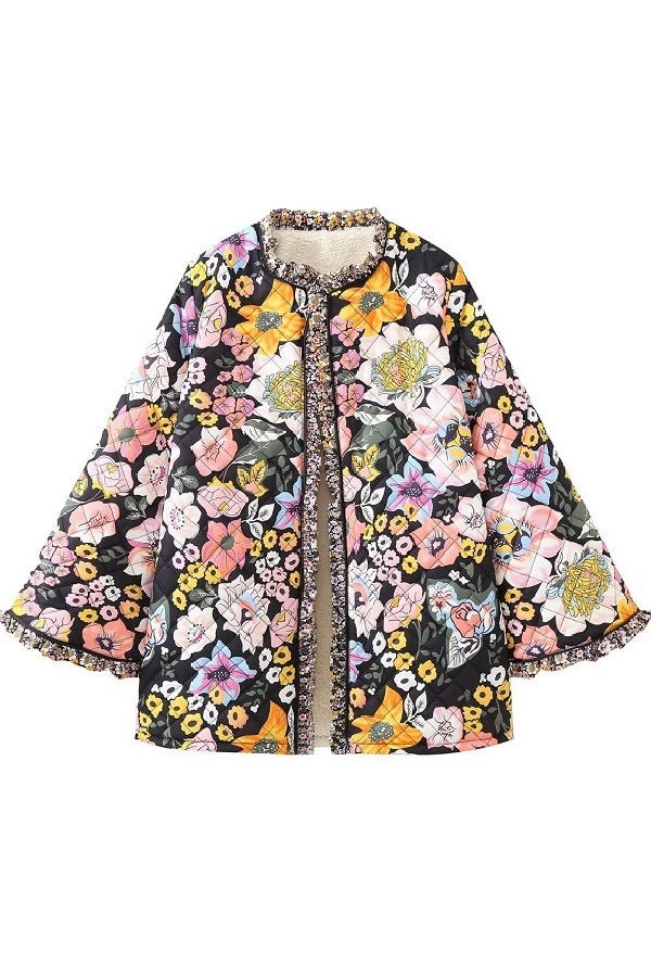 Cozy Blooms Floral Quilted Sherpa Jacket