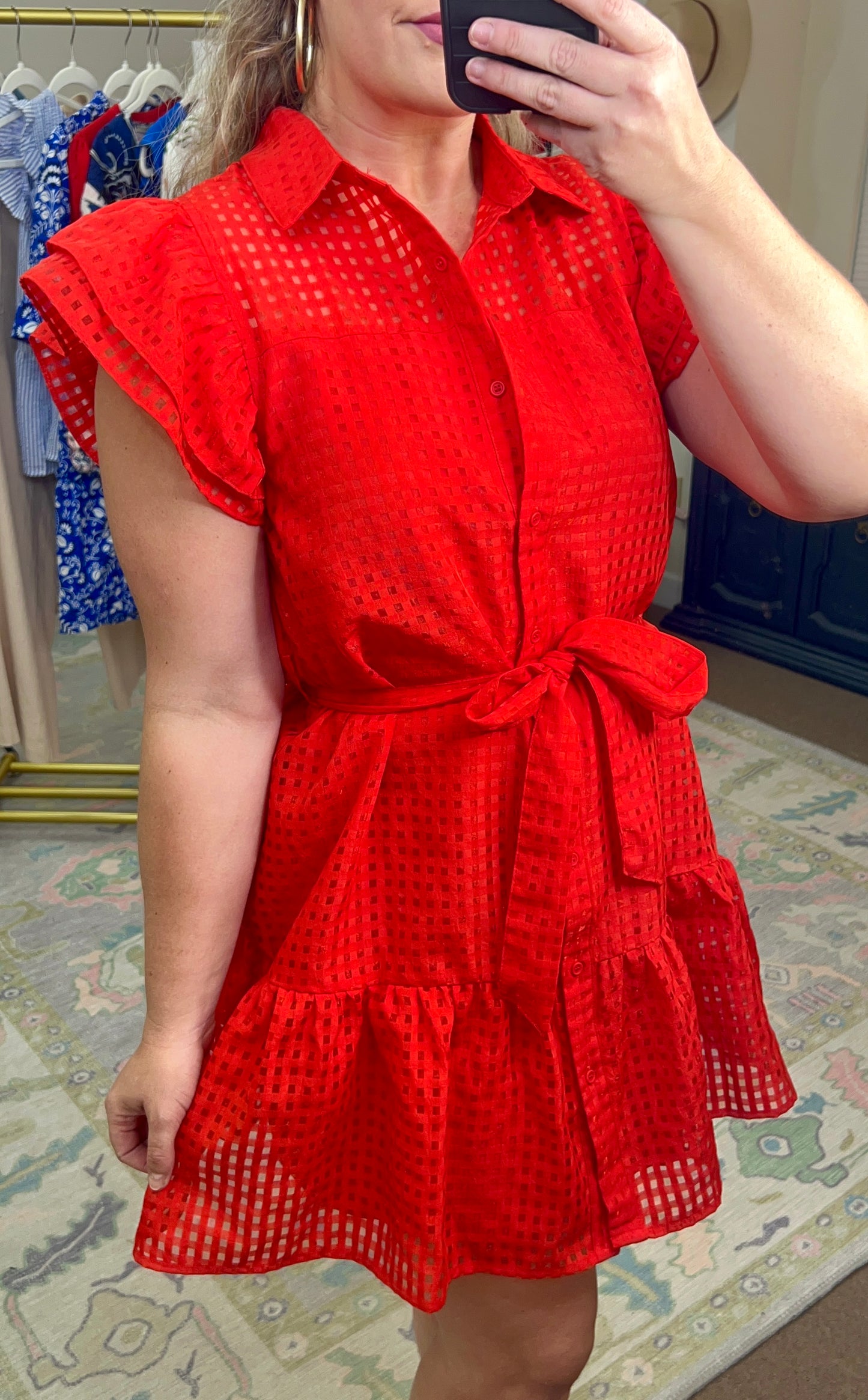 Red Organza Grid Ruffle Mini Dress