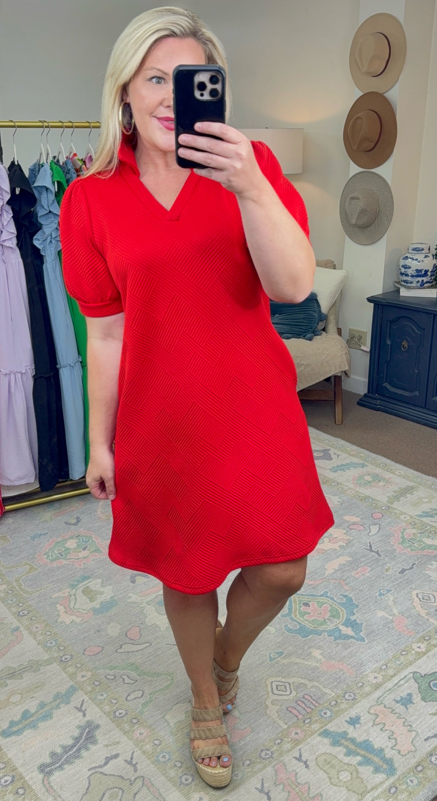 Already There Red Textured Shirt Dress