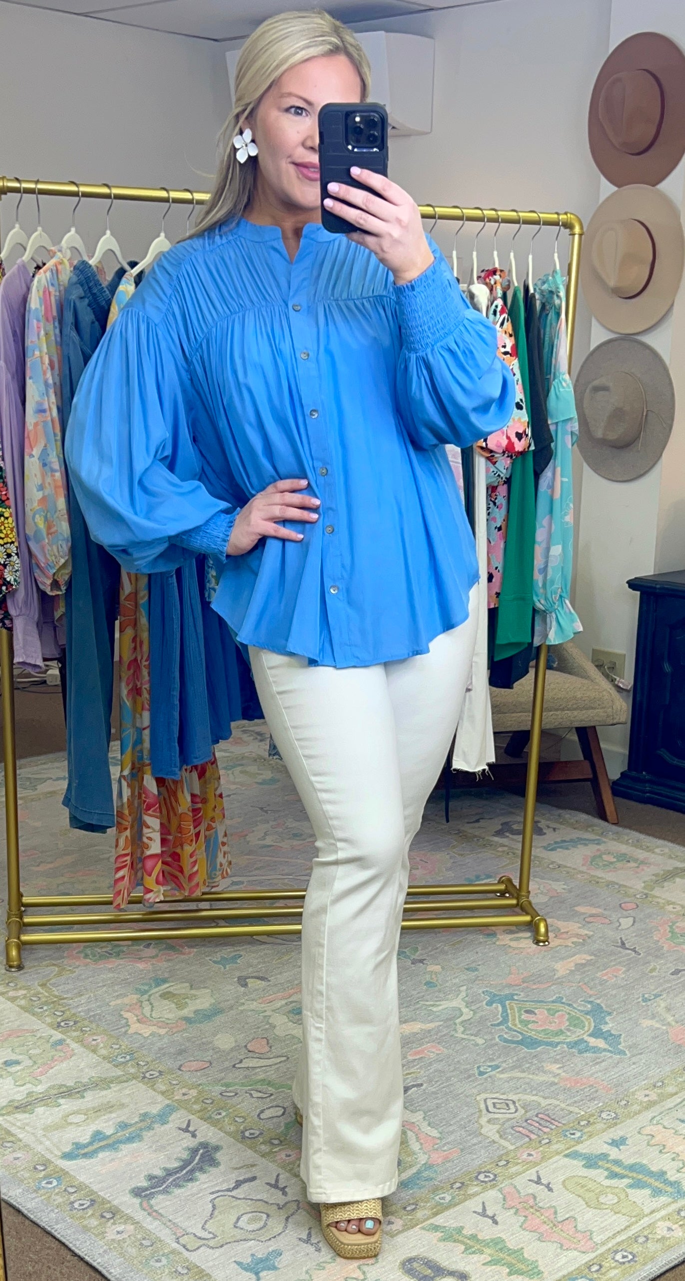 ENTRO: Ruched Billowy Sleeve Blouse