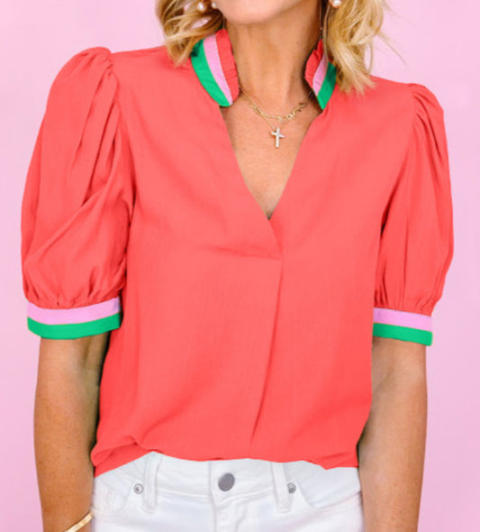 Colorblock Trim Puff Sleeve Blouse