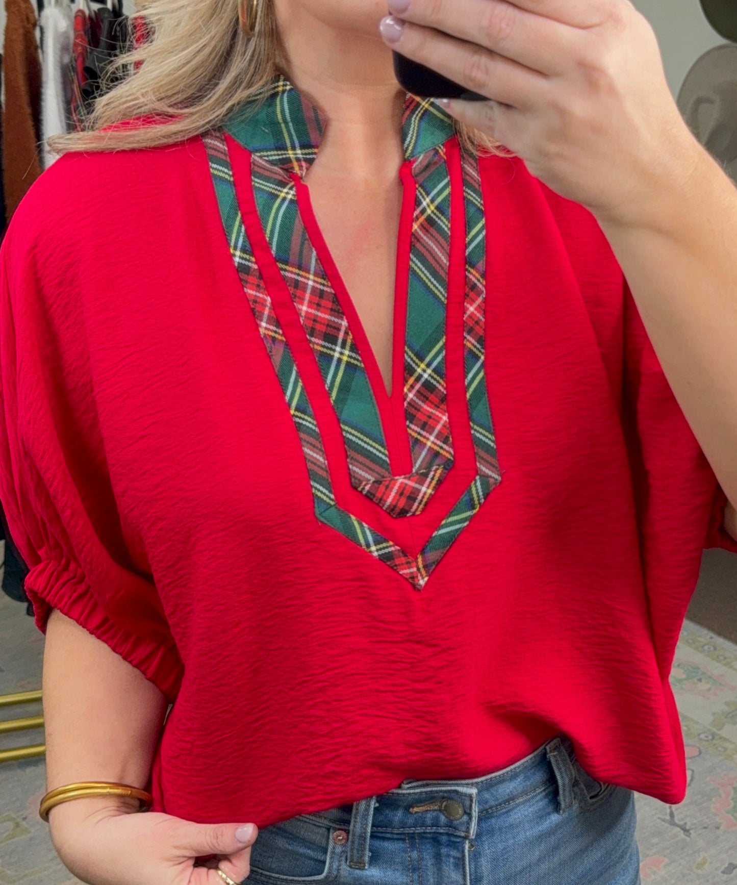 Timeless Tidings Red Tartan Trim Blouse