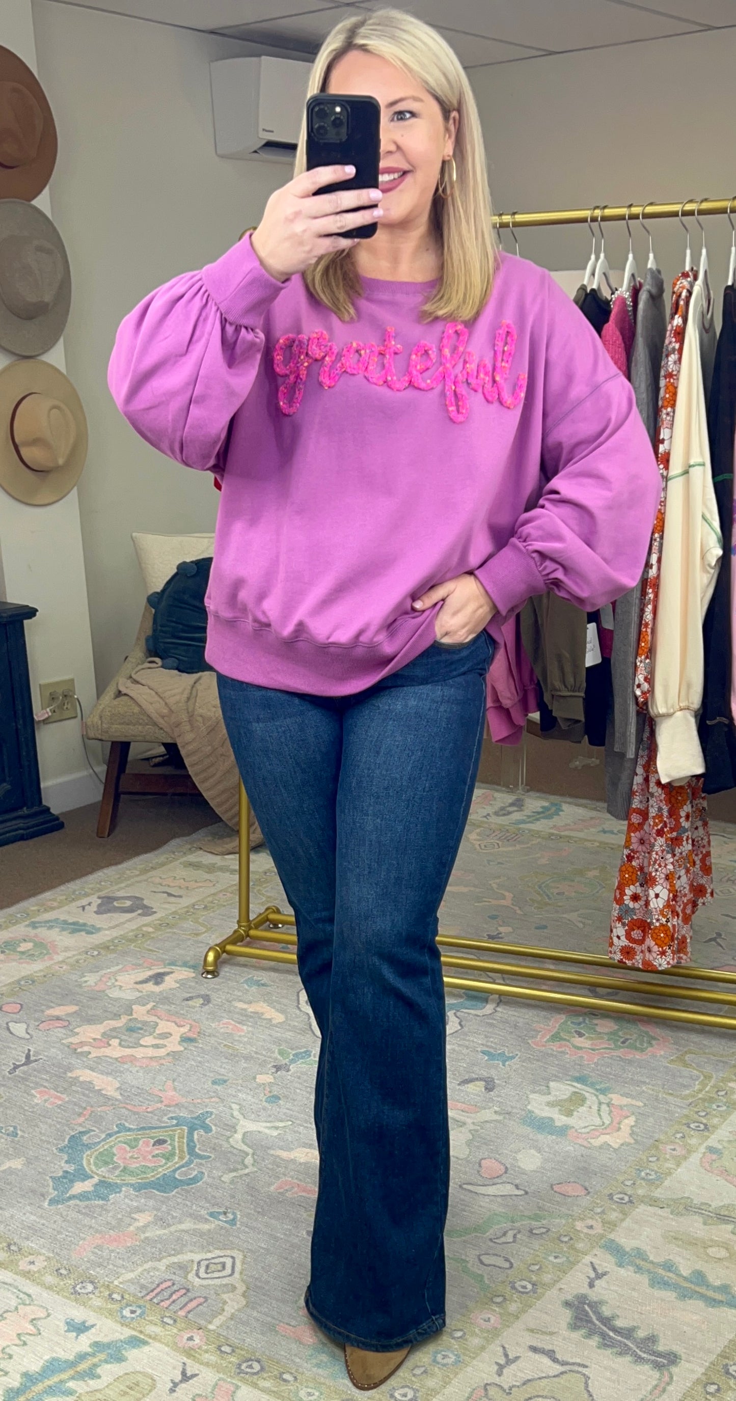 Oh So Grateful Puff Script Pullover