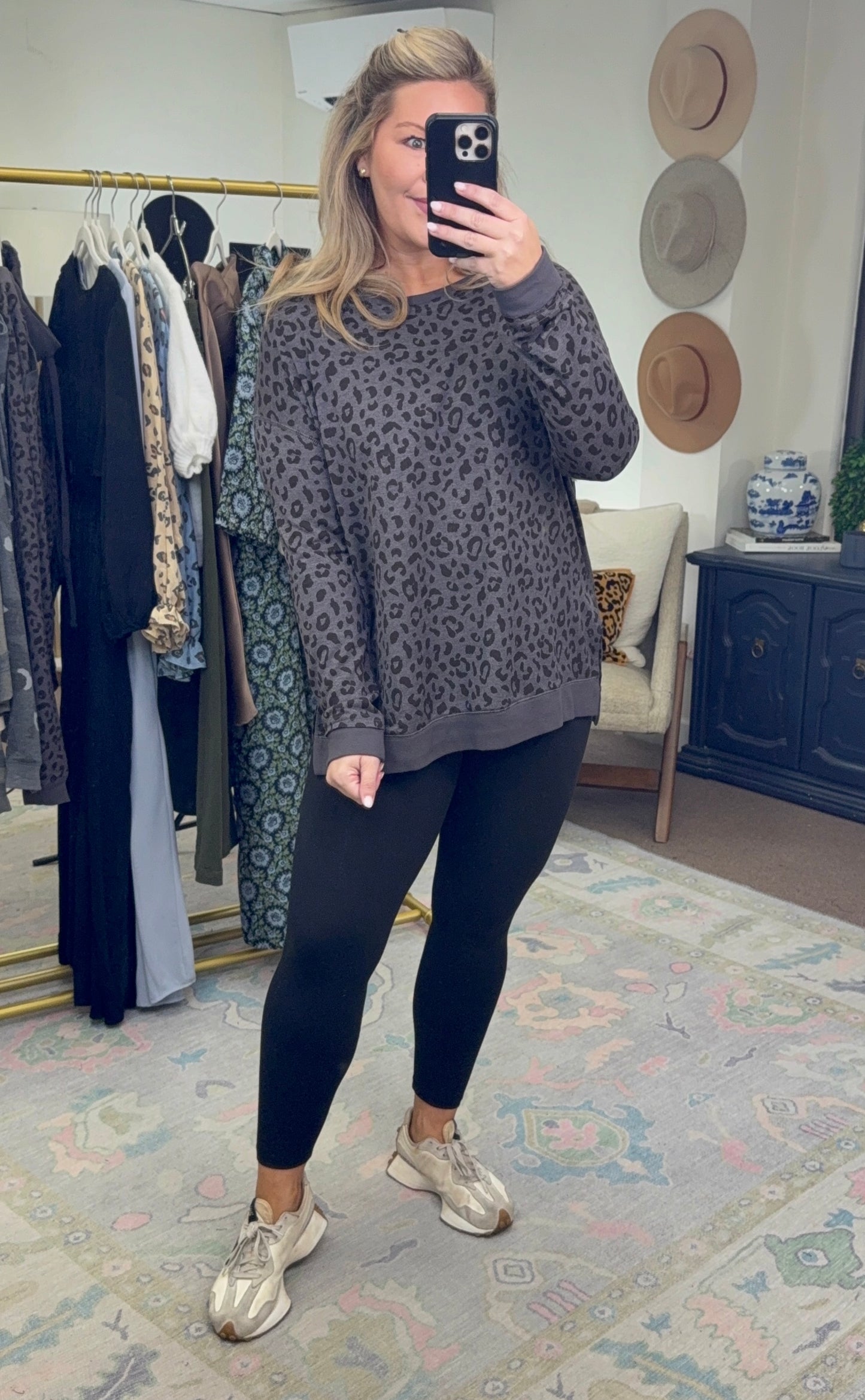 Fanning Split Side Pullover Top in Black Leopard