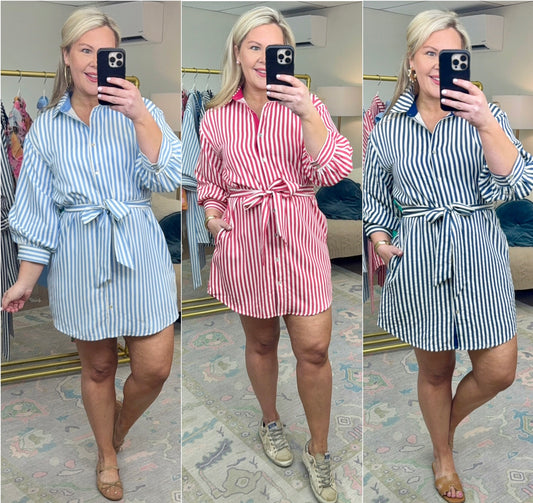 ENTRO: Mostly You Stripe Sash Waist Shirt Dress