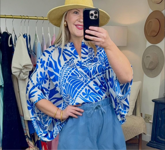 Not That Serious Blue Print Caftan Blouse