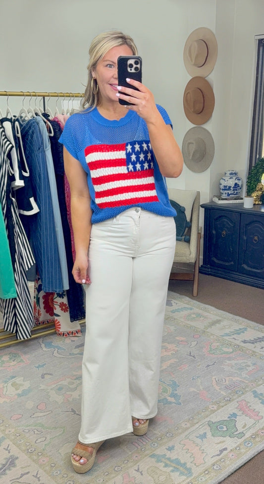 Patriotic & Proud Flag Open Knit Top