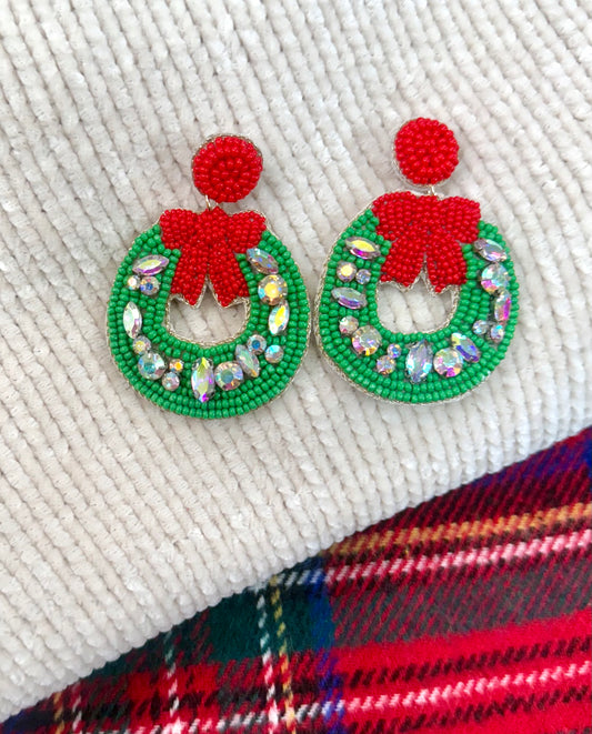 Red Bow Beaded Wreath Earrings
