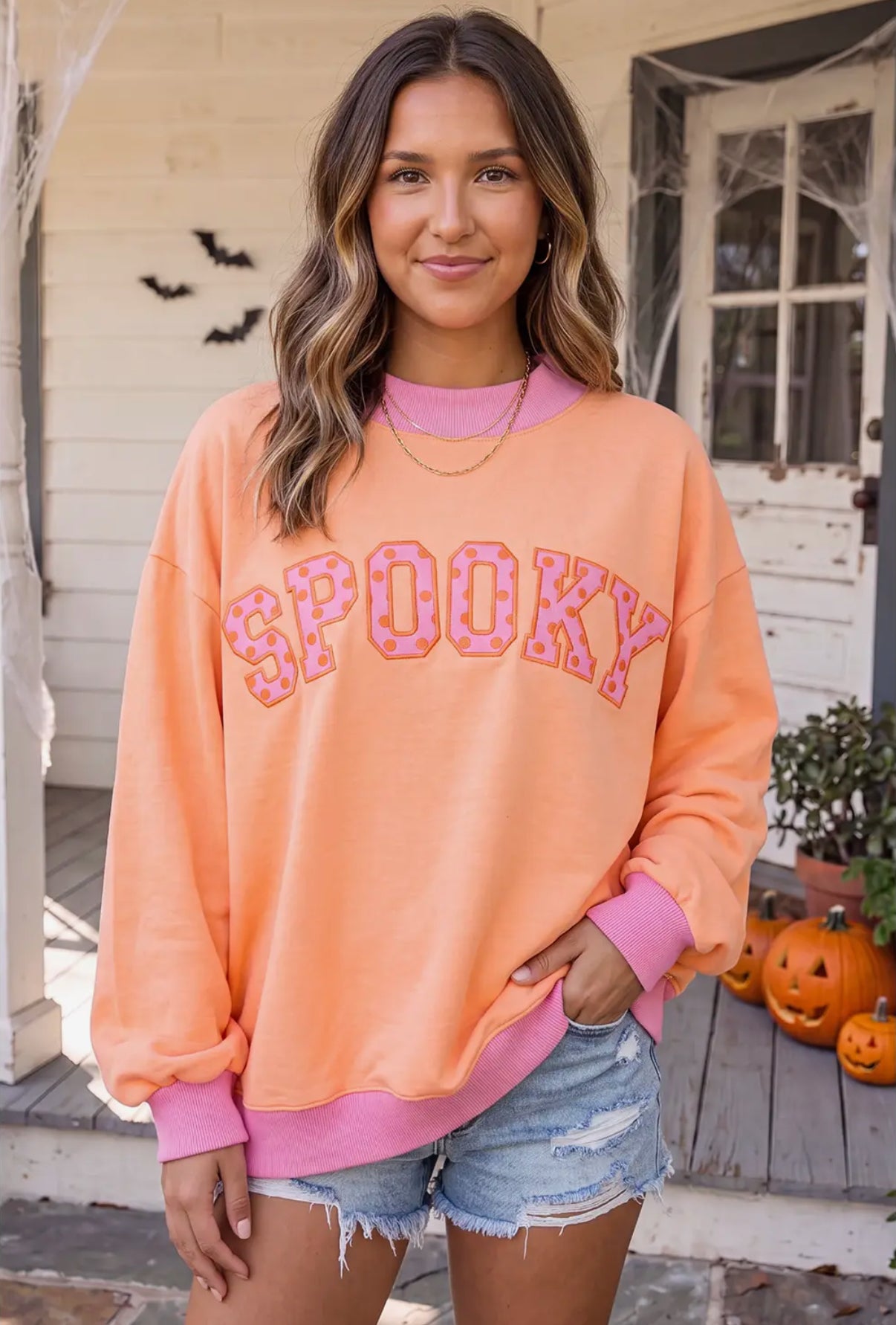 Spooky Dot Letter Mock Neck Sweatshirt