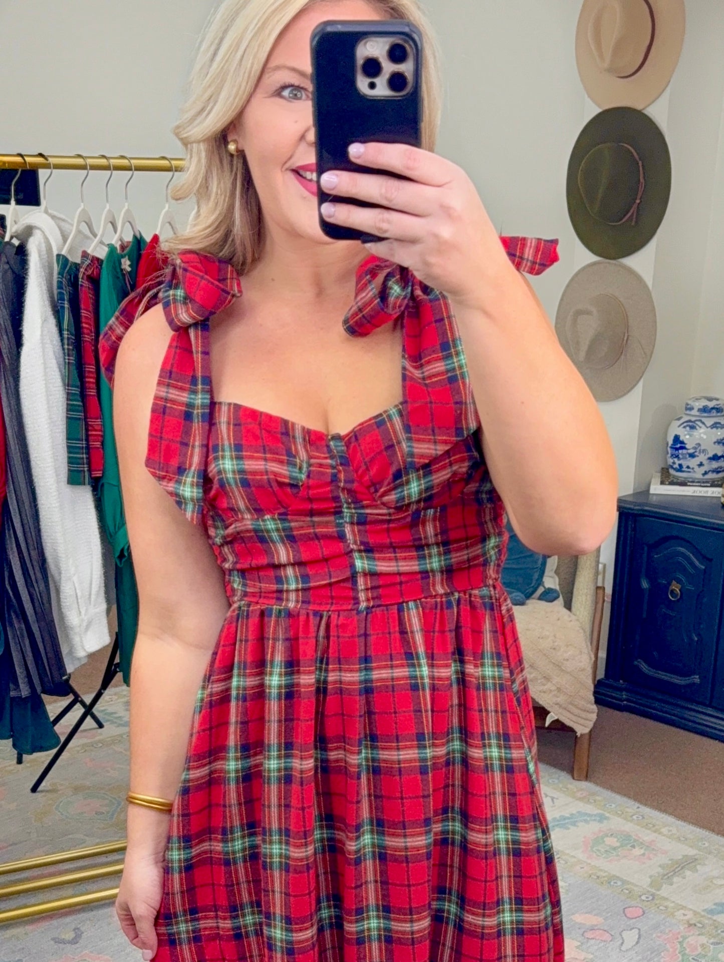 Bows & Mistletoes Tartan Tie Midi Dress