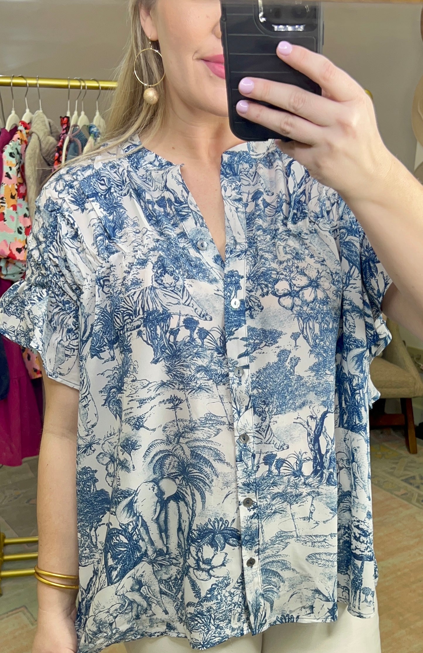 Toile Print Button Down Blouse