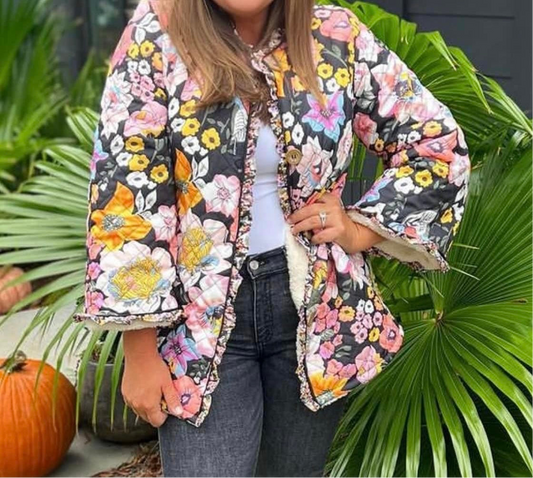 Cozy Blooms Floral Quilted Sherpa Jacket