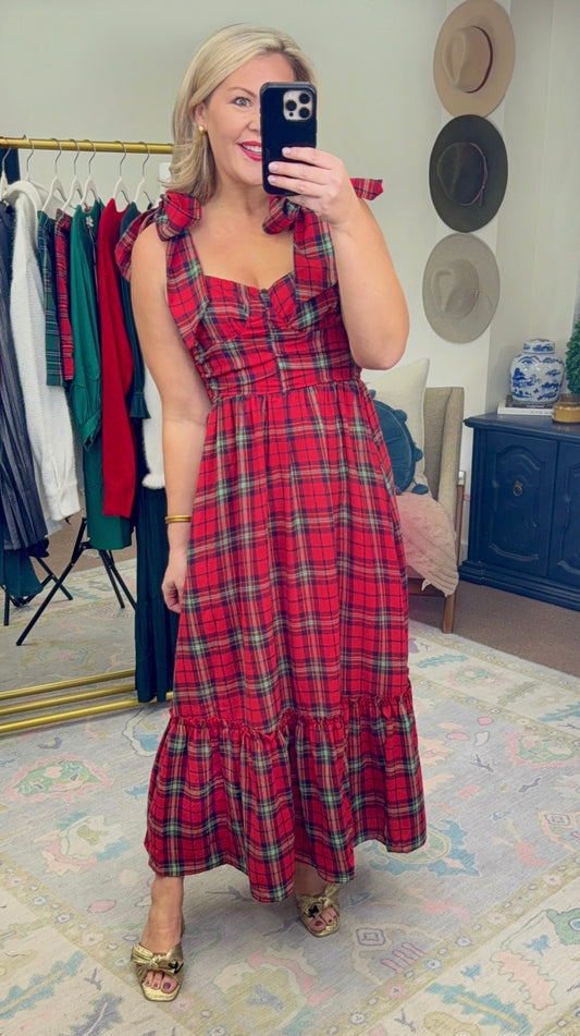 Bows & Mistletoes Tartan Tie Midi Dress