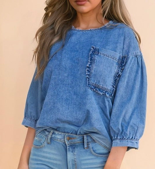 True Love Ruffle Pocket Denim Top