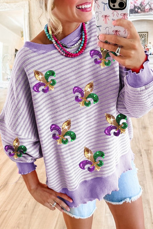 Mardi Party Sequin Fleur De Lis Pullover Top