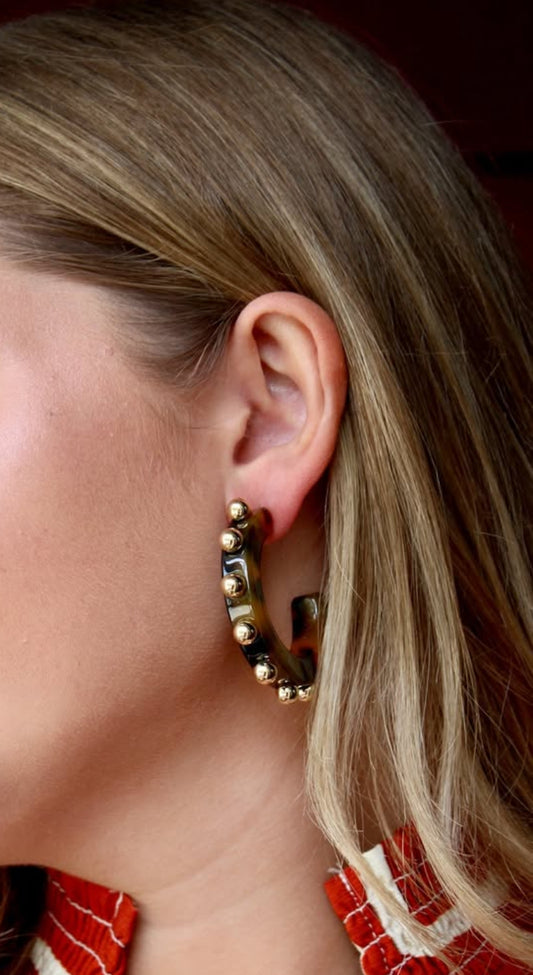 Uptown Energy Studded Tortoise Resin Hoop Earrings