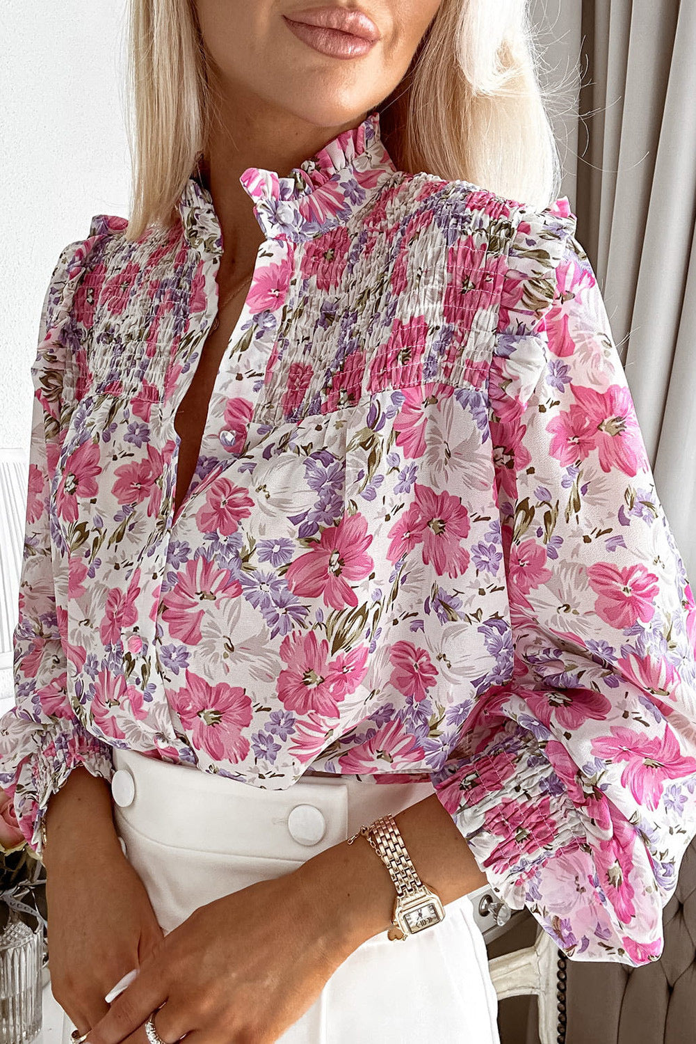 Pink Floral Smocked Frill Blouse