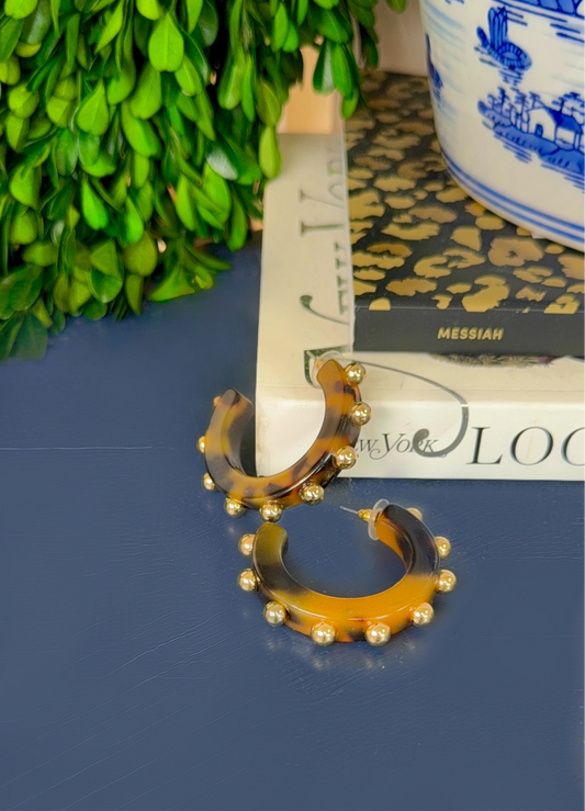 Uptown Energy Studded Tortoise Resin Hoop Earrings