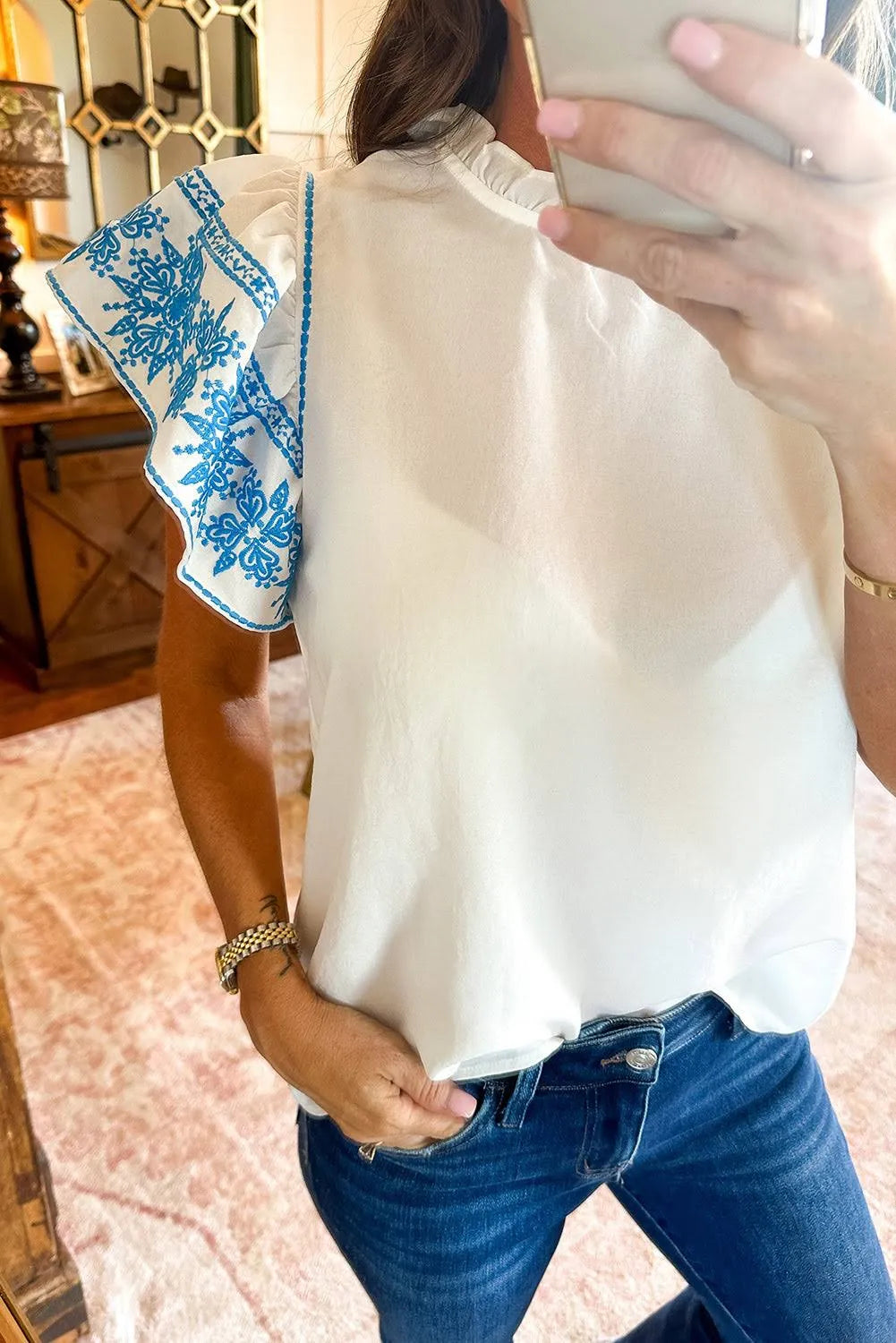 White Embroidered Flutter Sleeve Blouse