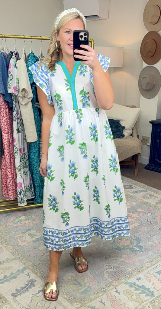 I Do Declare Printed Flutter Sleeve Midi Dress