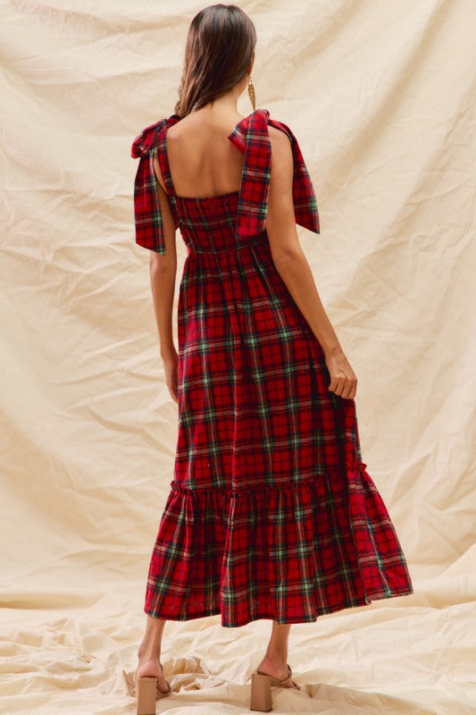 Bows & Mistletoes Tartan Tie Midi Dress