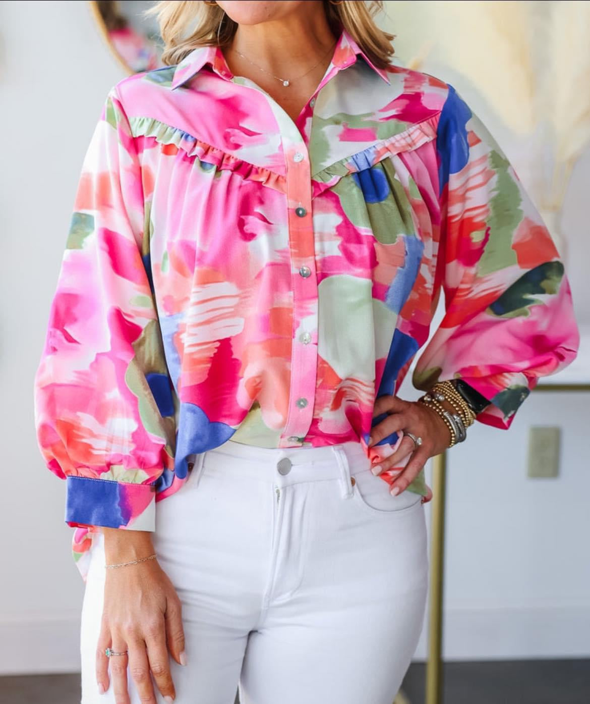 Feeling Fancy Watercolor Ruffle Blouse