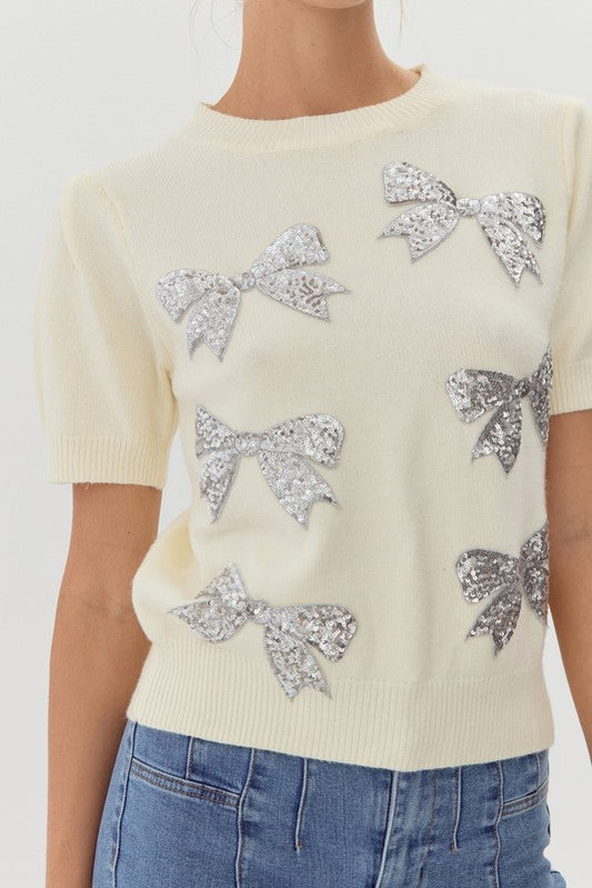 Bow-Stopper Sequin Embellished Knit Top