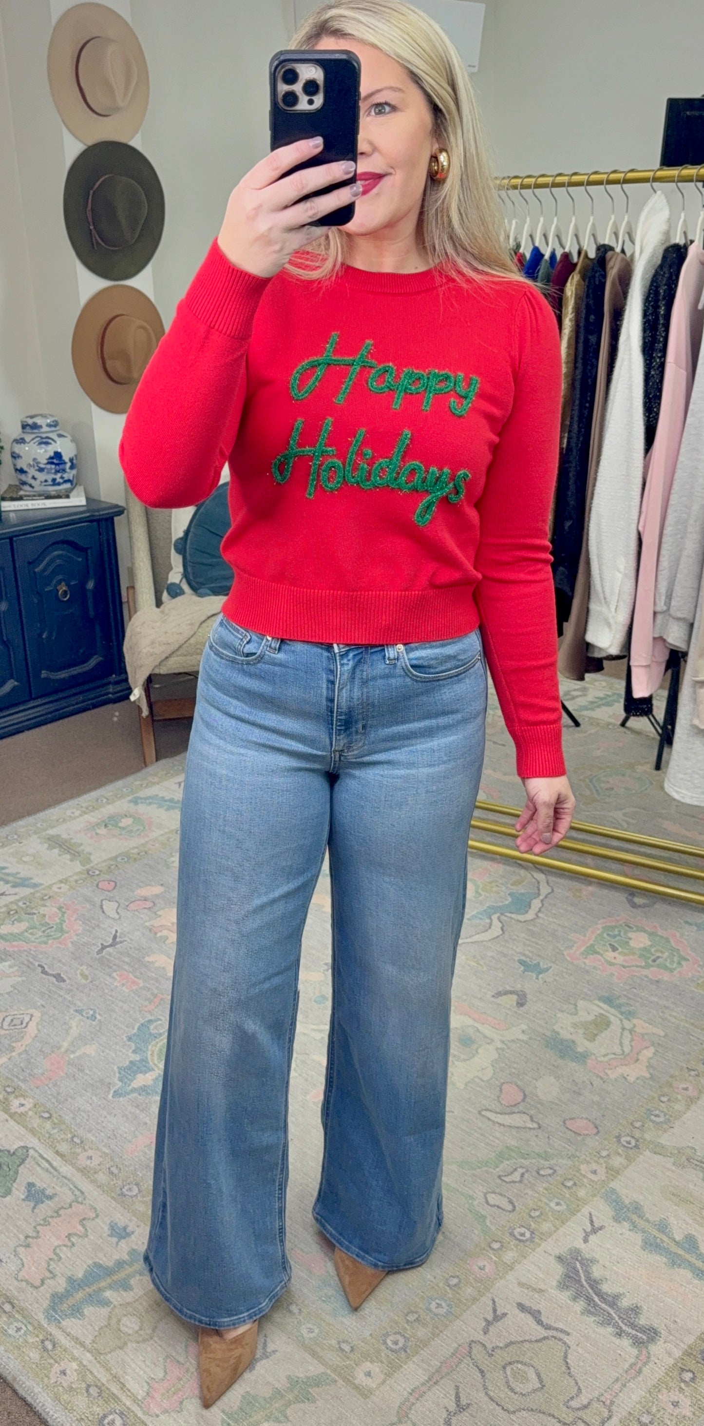 Red Puff Script Happy Holidays Sweater
