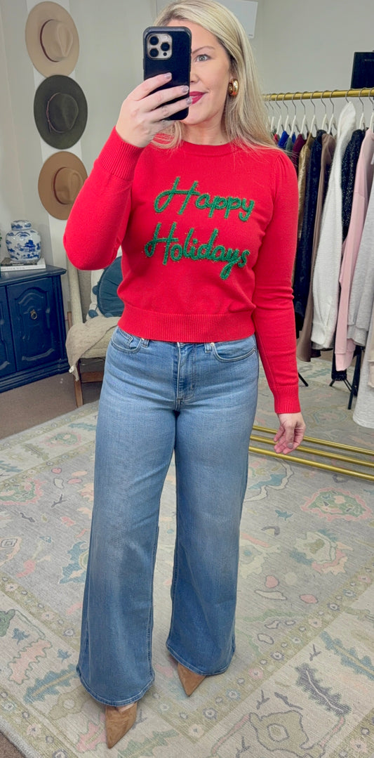 Red Puff Script Happy Holidays Sweater