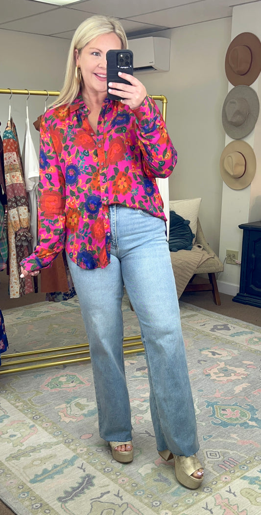 Vibrant Vibes Print Button Down Blouse