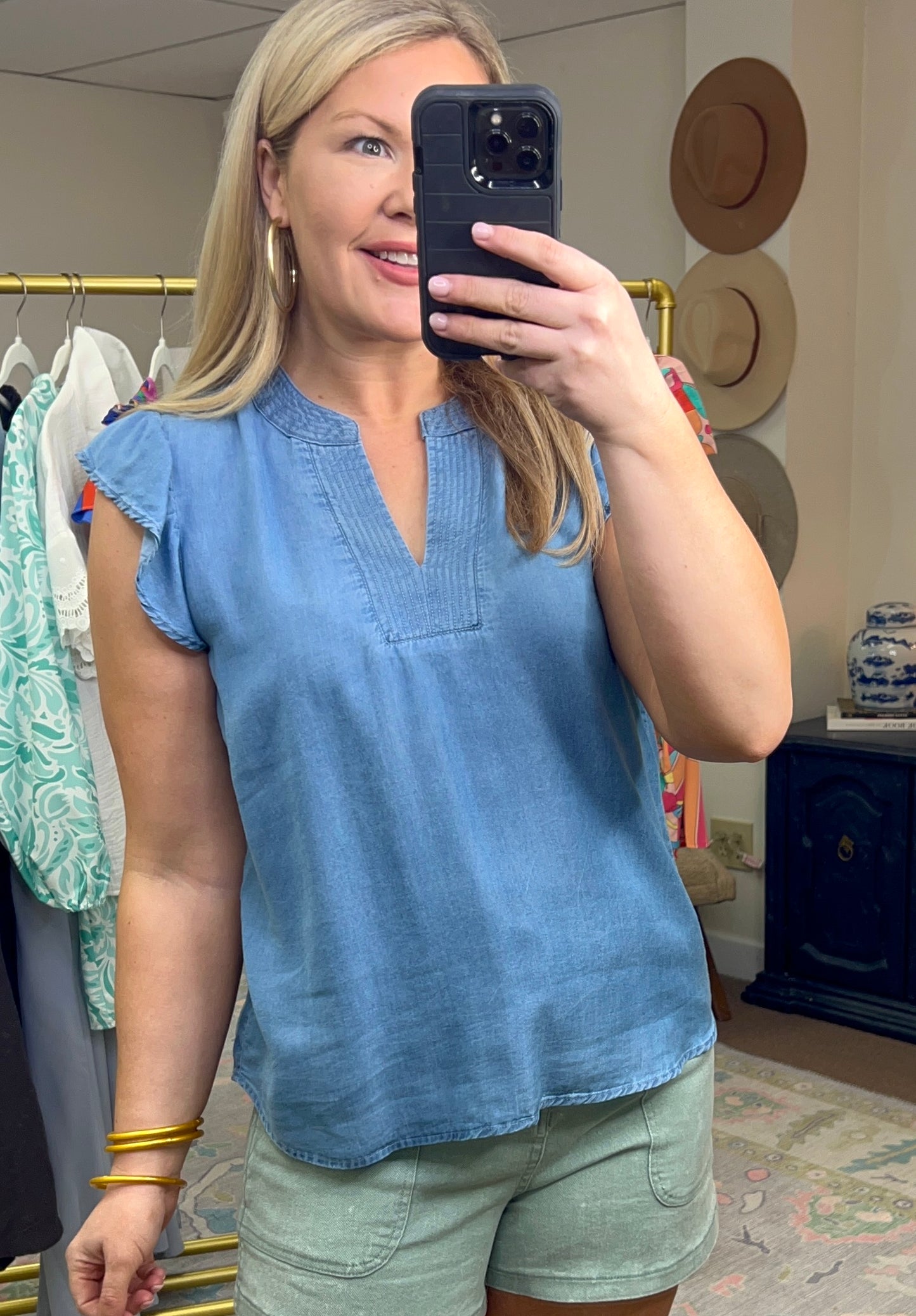 Chambray Split Neck Ruffle Blouse