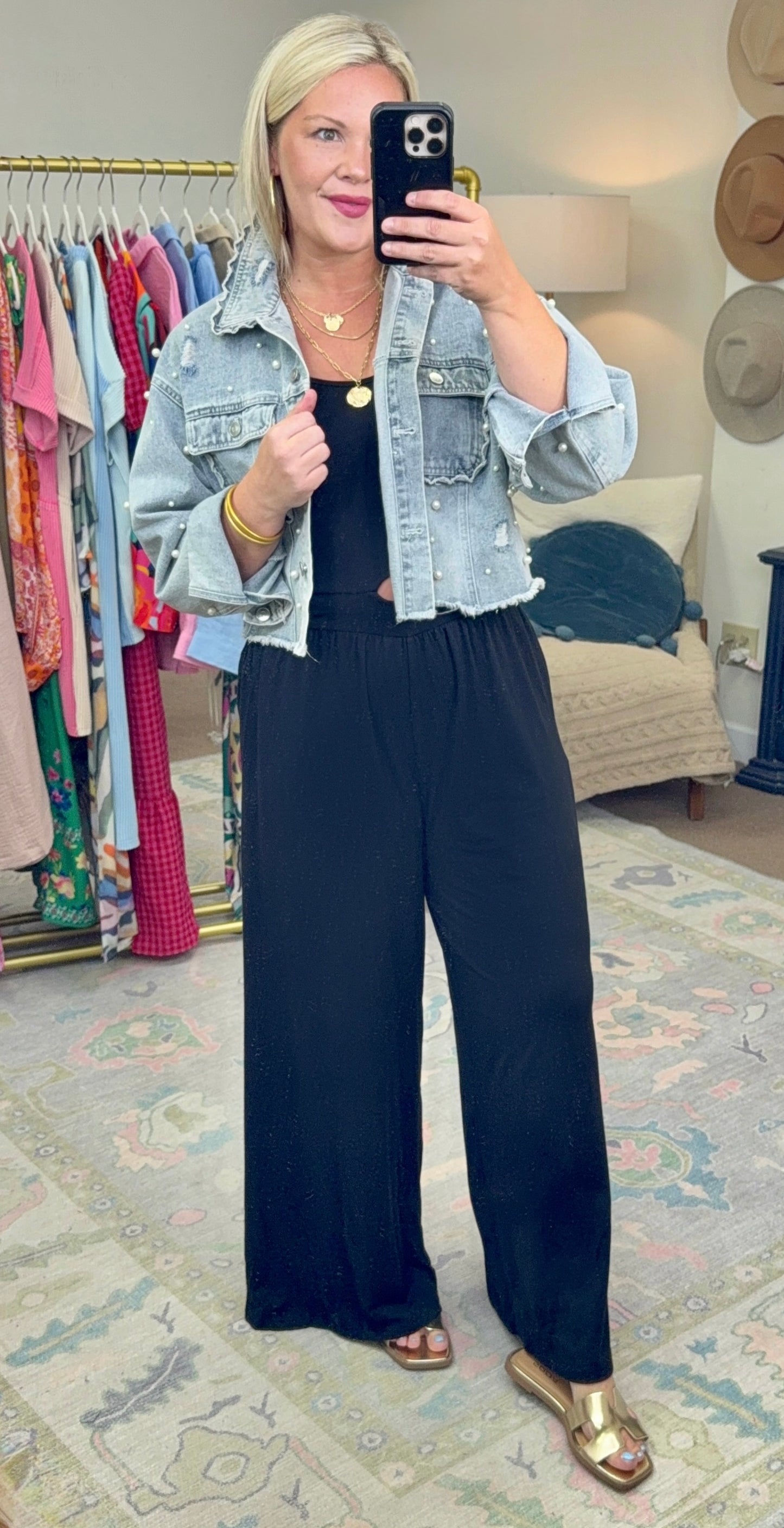 Sweet Gal Scallop Pearl Embellished Denim Jacket