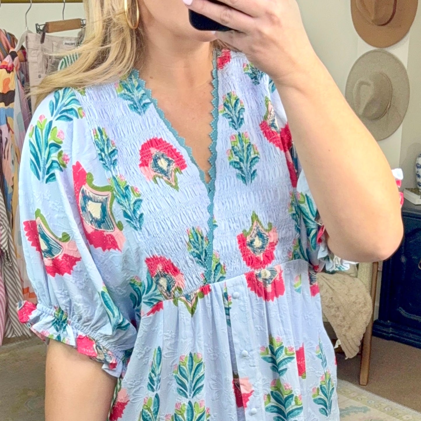 Jardin Bleu Puff Sleeve Midi Dress