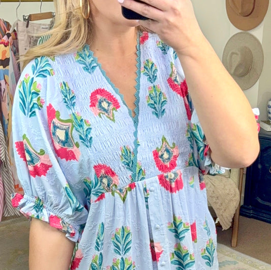 Jardin Bleu Puff Sleeve Midi Dress