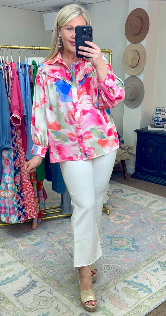 Feeling Fancy Watercolor Ruffle Blouse