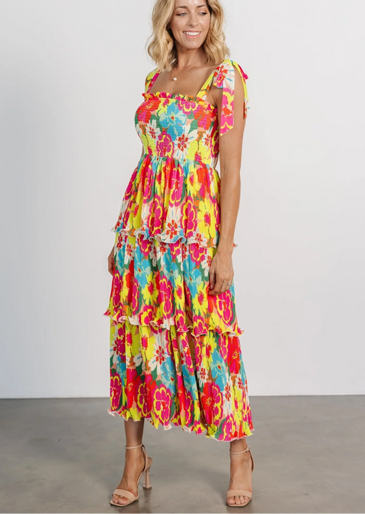 Twirls in Tulum Pleated Tiered Tie Strap Midi Dress