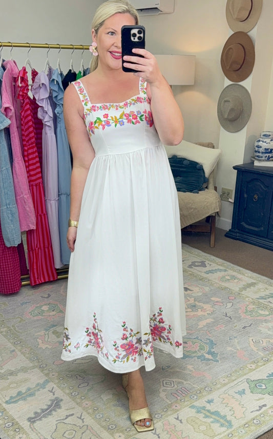 MABLE: Simple Pleasures Linen Embroidered Fit and Flare Dress