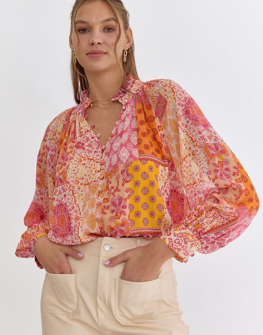 ENTRO: **MORE COLORS** Boho Print Billowy Blouse