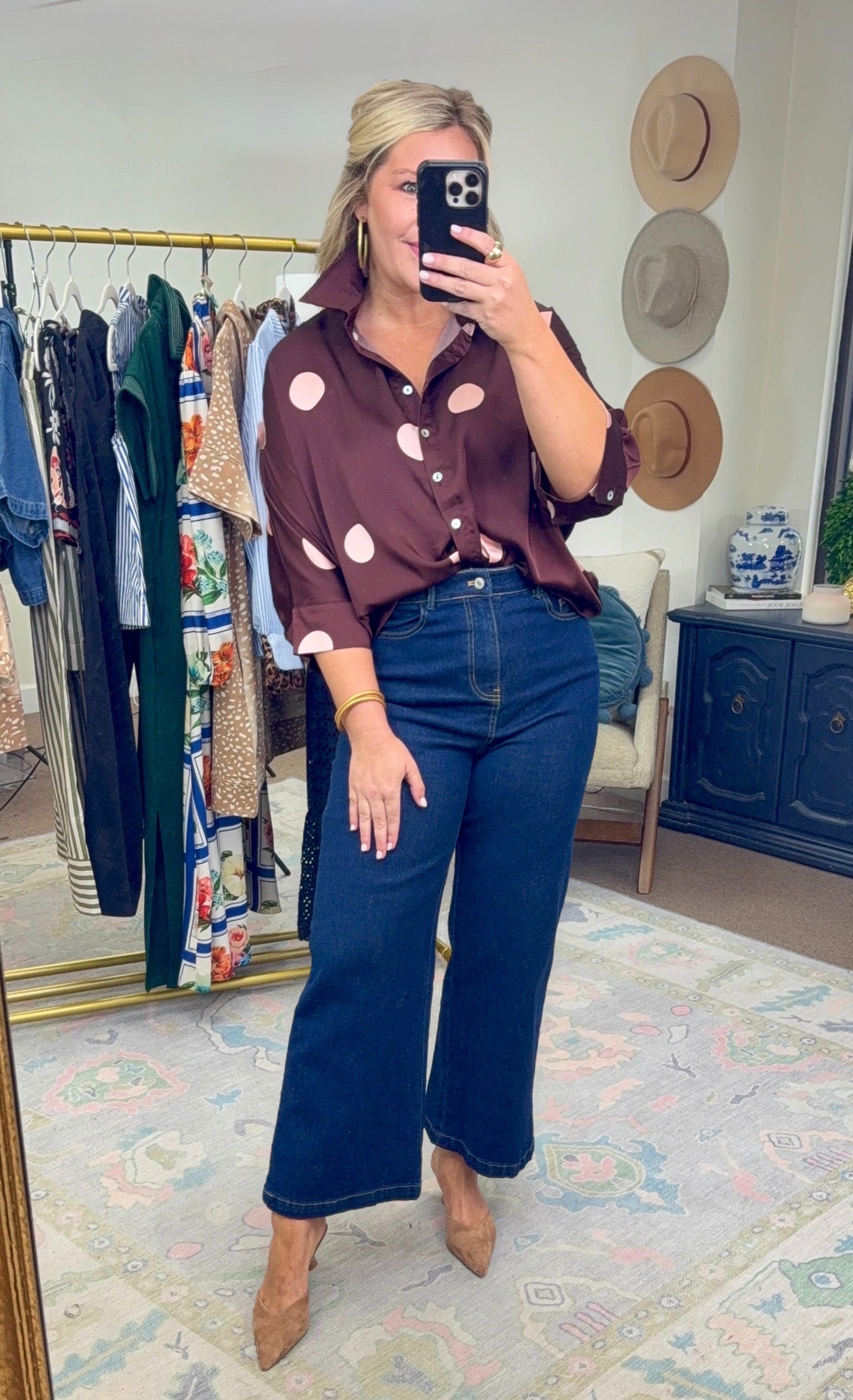 Point Taken Dot Print Button Up Blouse