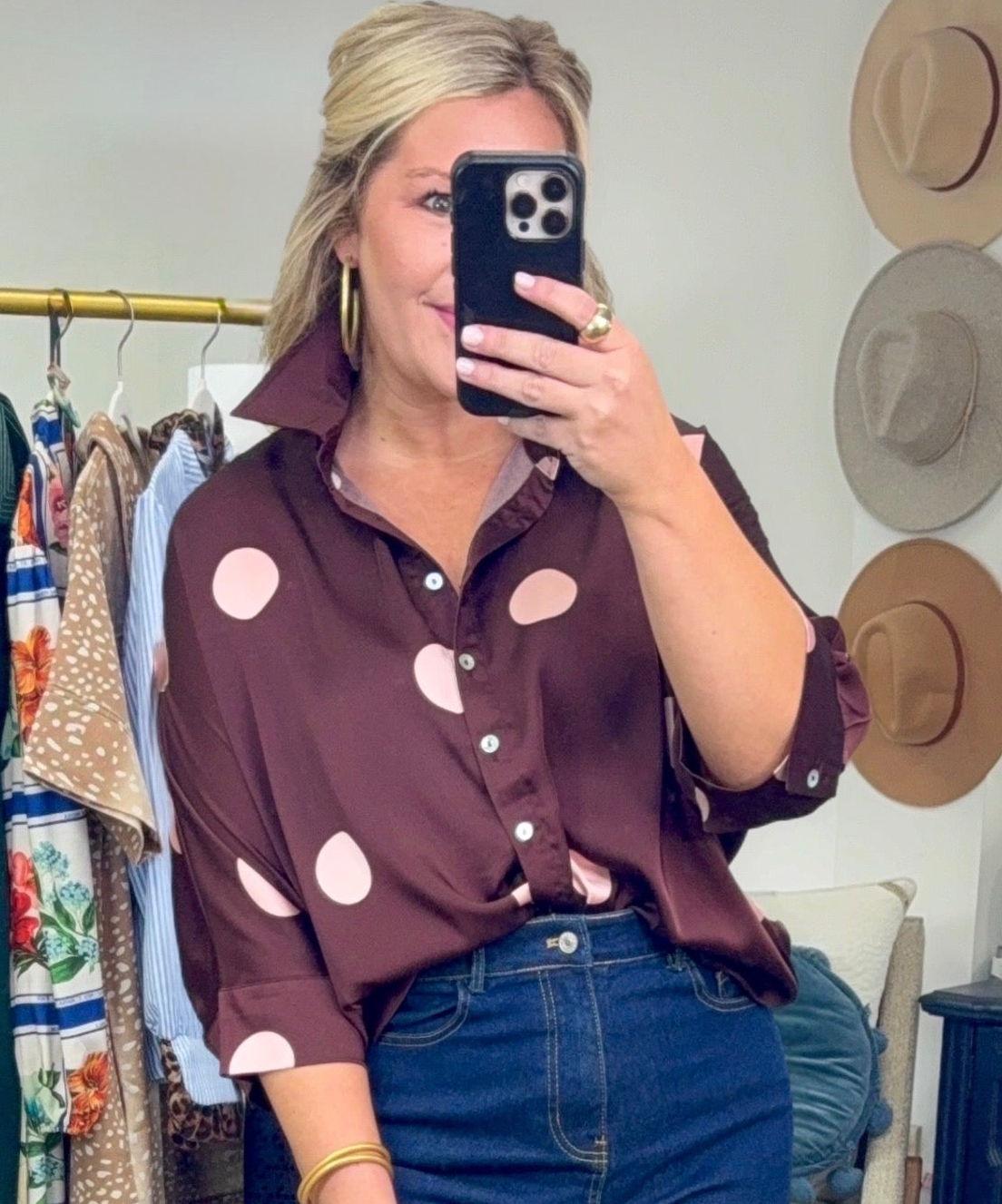 Point Taken Dot Print Button Up Blouse
