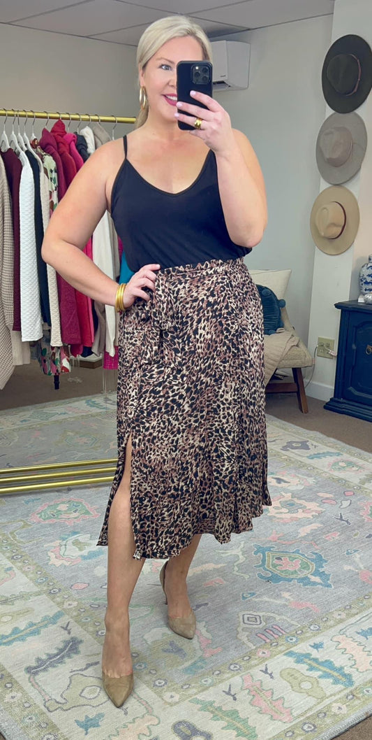 Prowl Around Leopard Pleated Midi Skirt