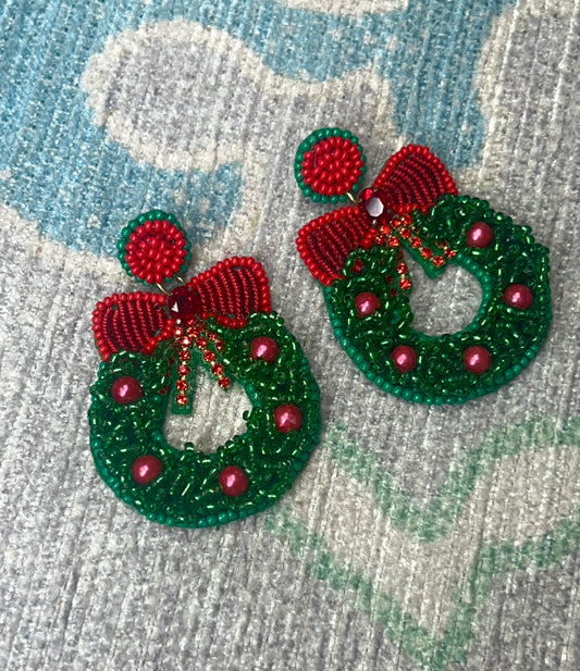 Red Bow Christmas Wreath Beaded Earrings