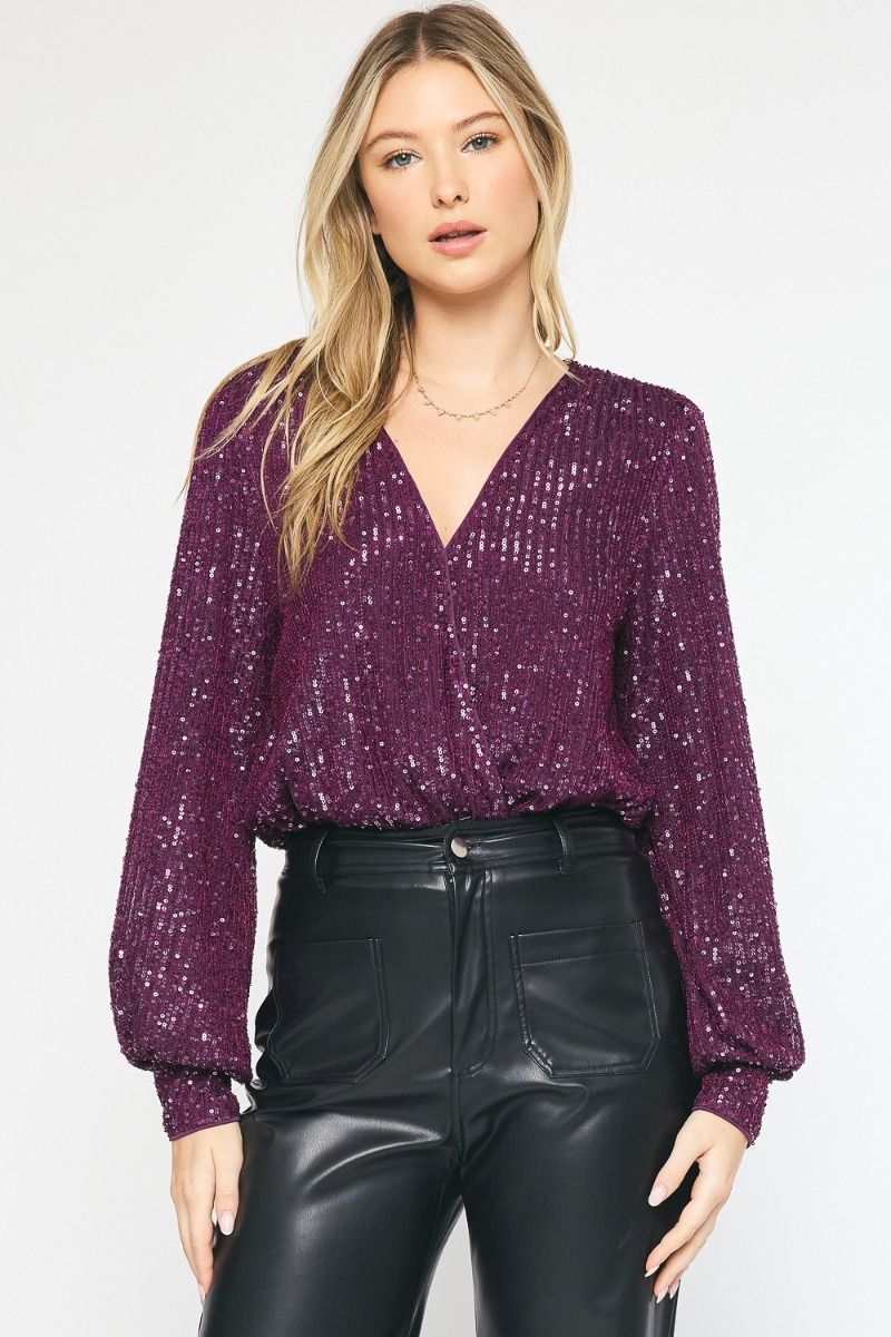 **MORE COLORS** ENTRO: Sequin Surplice Bodysuit