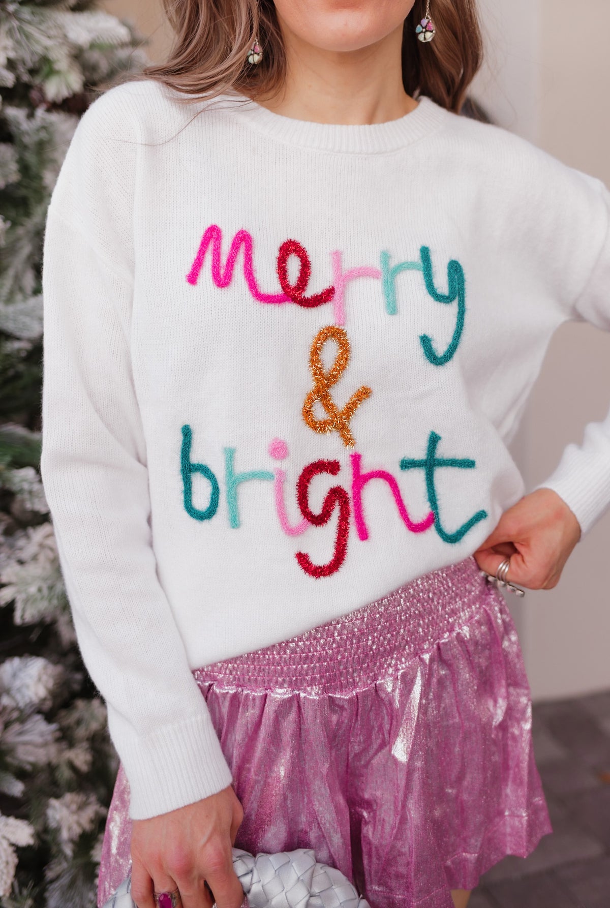 White Puff Script Merry & Bright Sweater