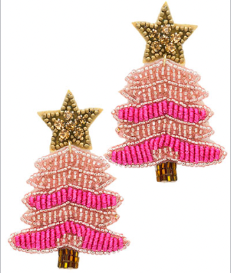 Pink Christmas Tree Beaded Earrings