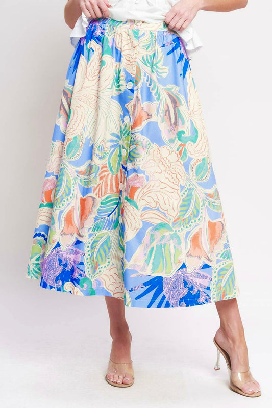 Watercolor Tropique Printed Midi Skirt
